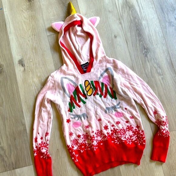 Hooded Holiday Sweater Girls Unicorn Christmas Top Large 10/12 - Picture 2 of 5